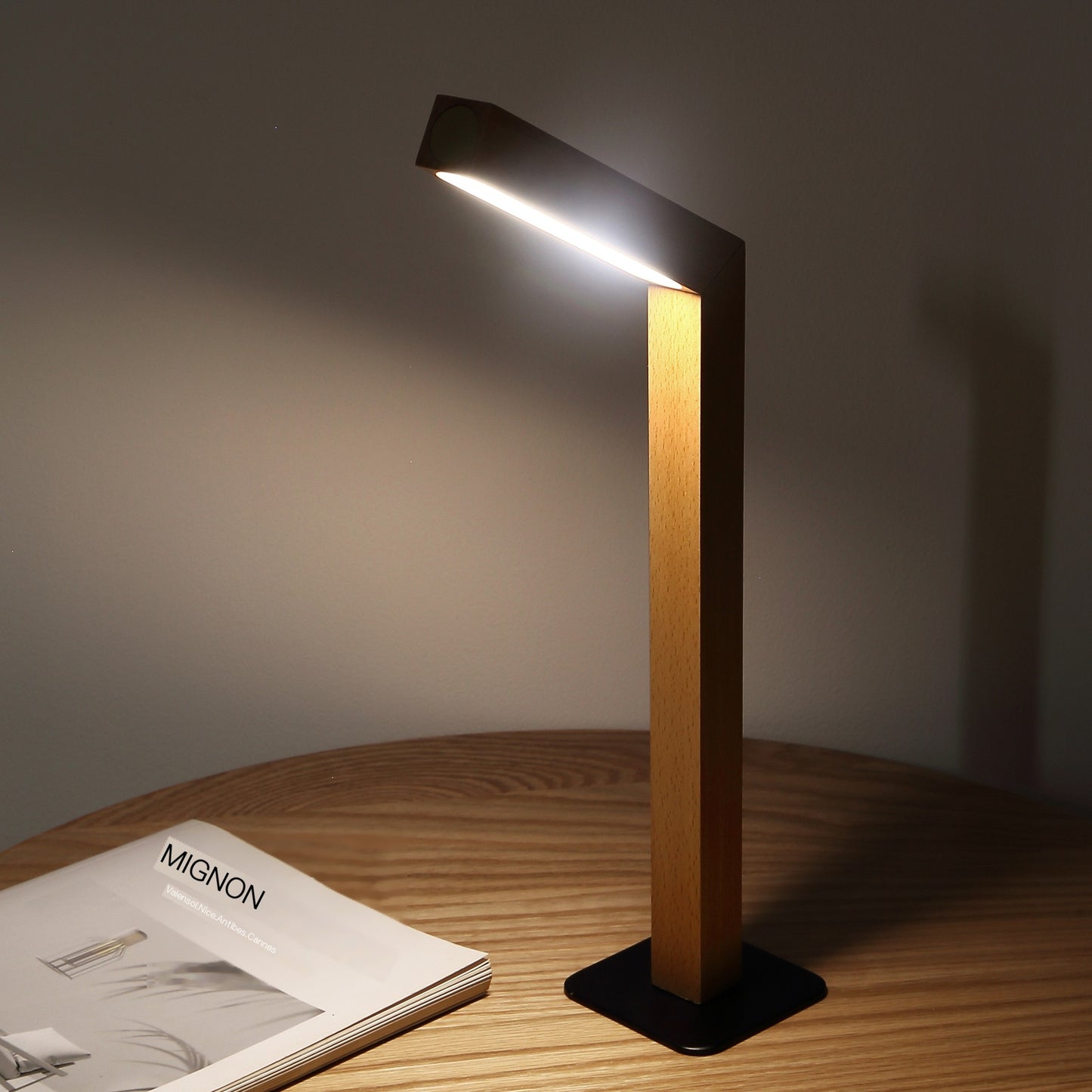 Minimalist LED Bedside Lamp with Real Wood Base — Touch Dimmer