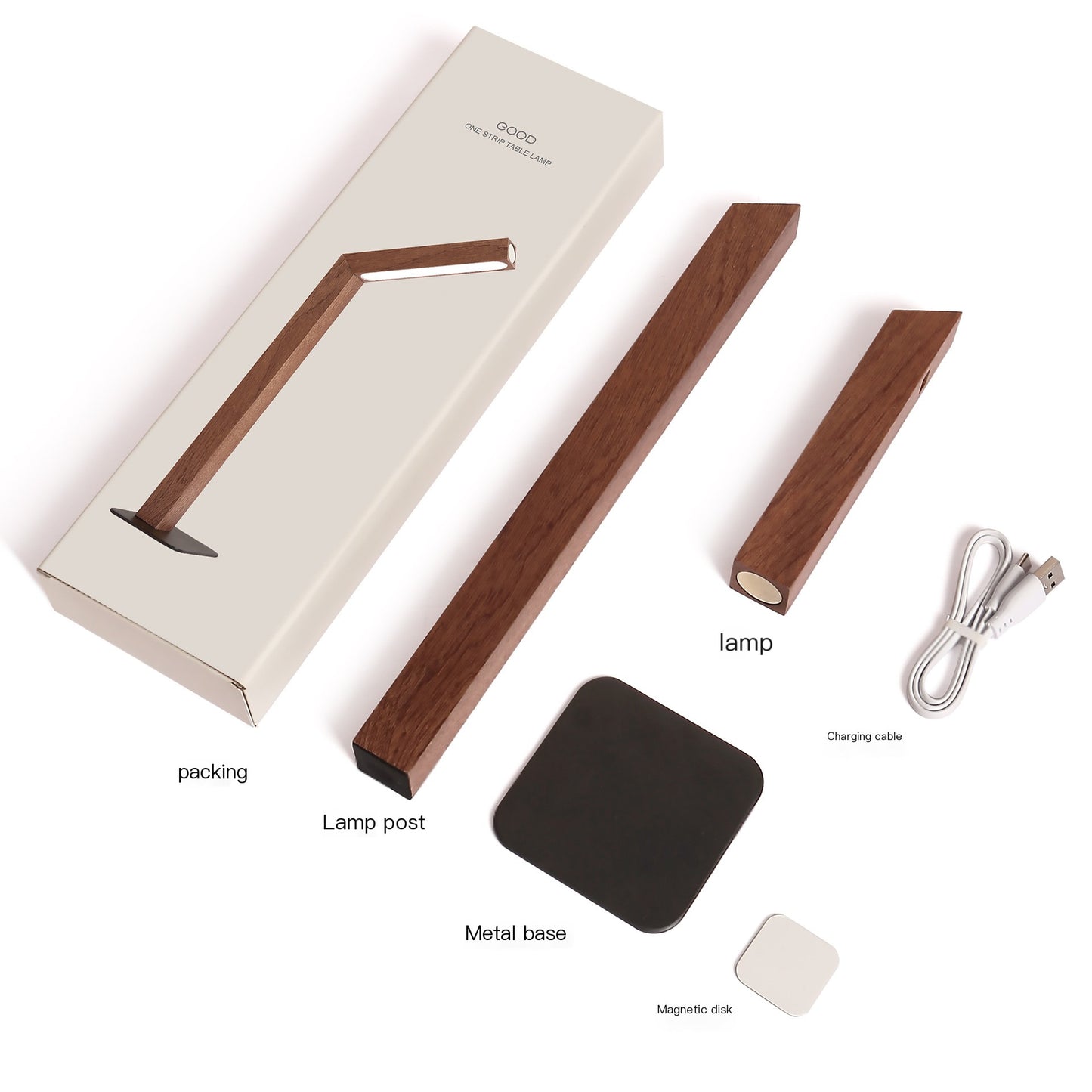 Minimalist LED Bedside Lamp with Real Wood Base — Touch Dimmer