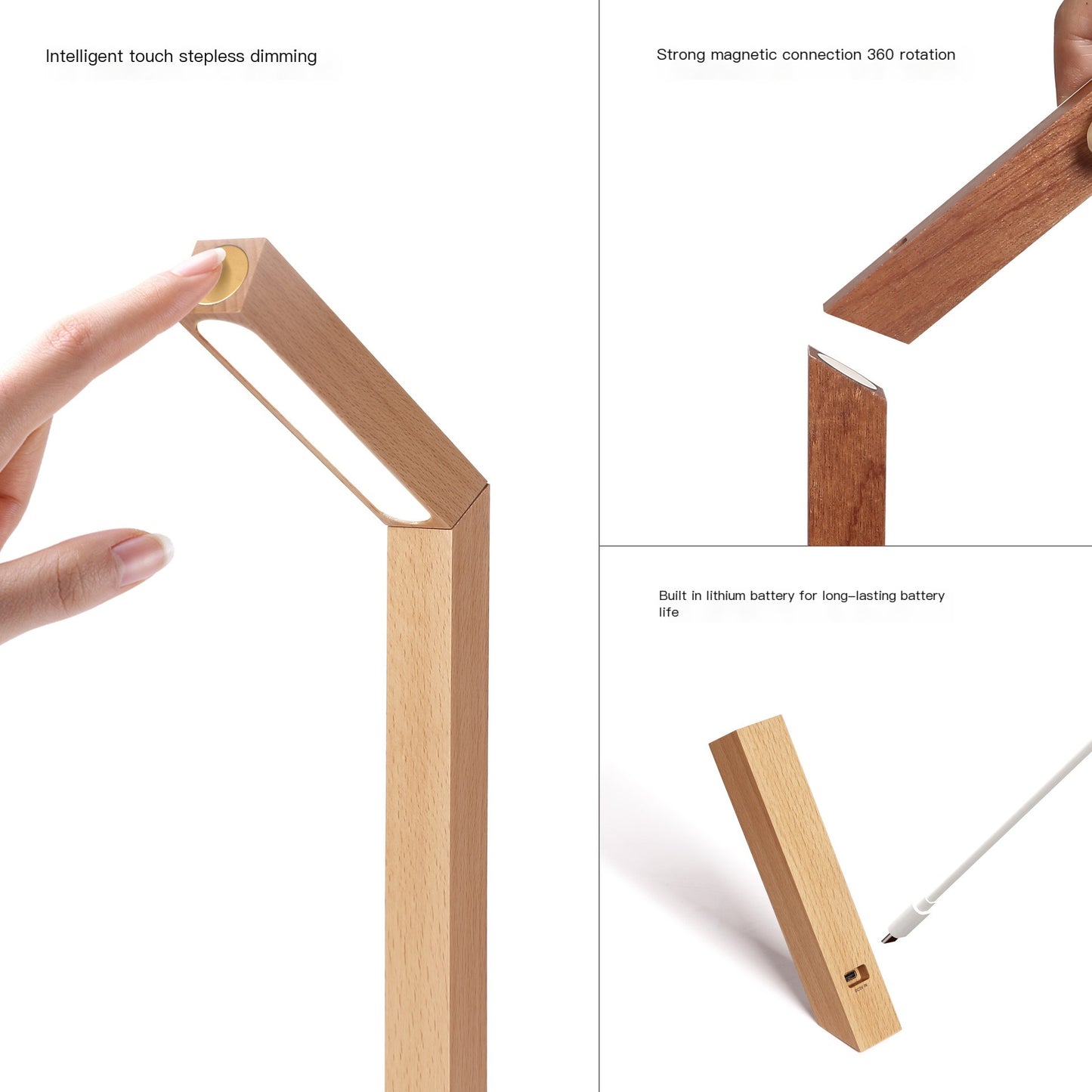 Minimalist LED Bedside Lamp with Real Wood Base — Touch Dimmer